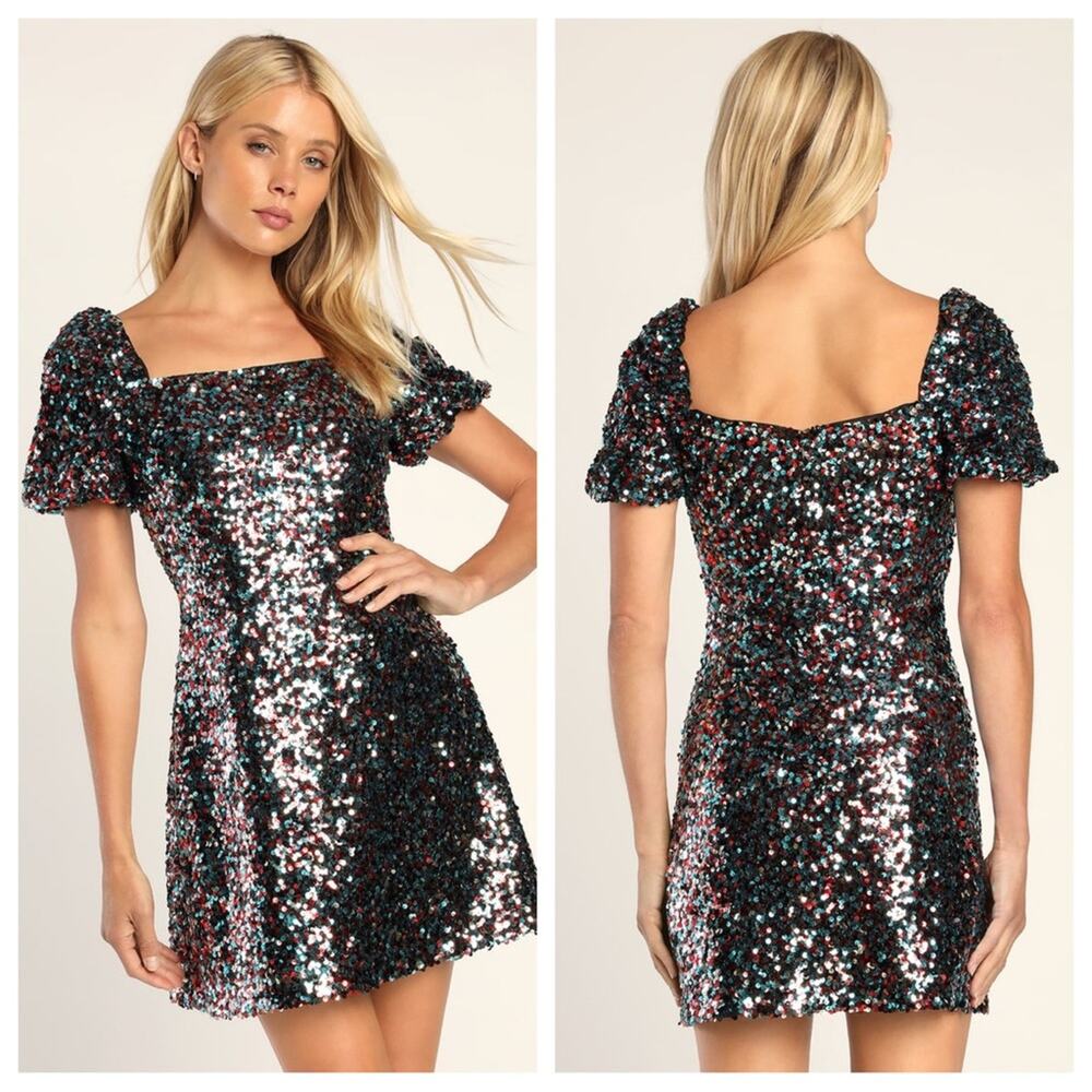Lulu’s | NWT Womens Crave it Like Candy Blue Multi Sequin Puff Sleeve Mini Dress